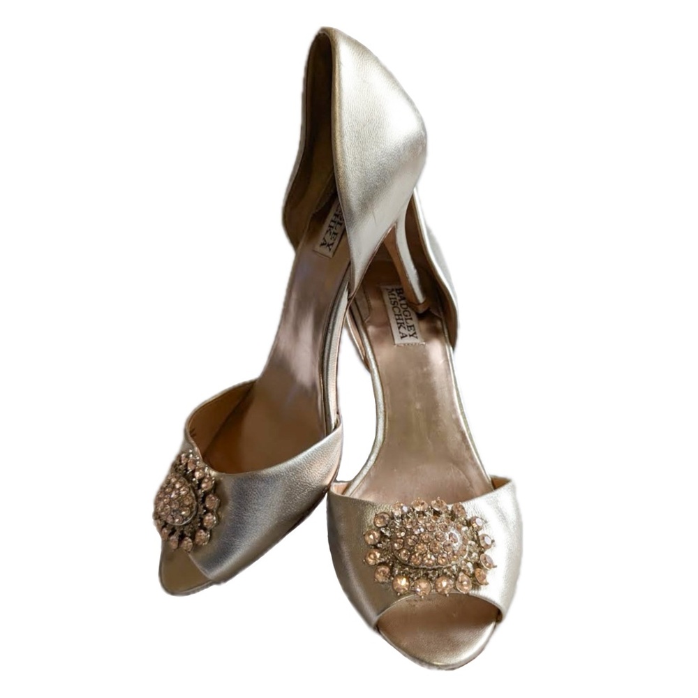 badgley mischka shoes pump open toe gold metallic party evening size 10